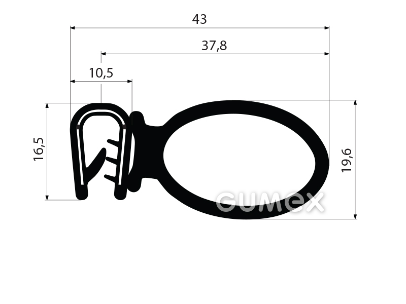 Profil U-PIRELI mit Metallverstärkung mit Seitendichtung A2126, 60°ShA, U-EPDM, Bauch-EPDM, schwarz, 
